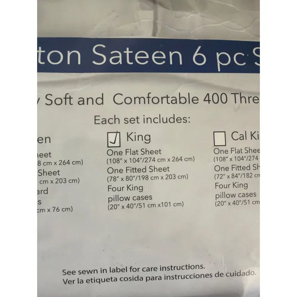 NEW! Shavel Home Products King 6PC Cotton Sateen Sheet Set 400 Thread Count